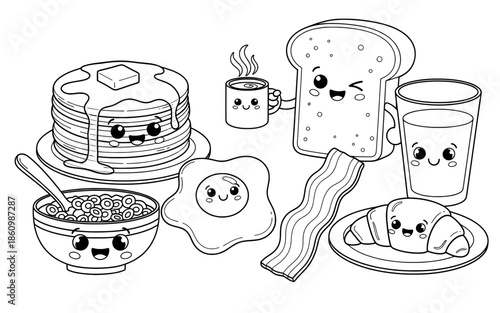 Cute breakfast illustration featuring smiling pancakes, eggs, bacon, toast, cereal, and beverages, showcasing a cheerful morning meal scene with playful characters and vibrant details