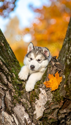 A fluffy, gray-and-white puppy peeks out from a tree, with autumn leaves providing a vibrant backdrop