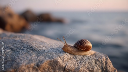 A solitary snail with prominent antennae moves slowly across a rough rock surface at the edge of the sea during the serene dawn light