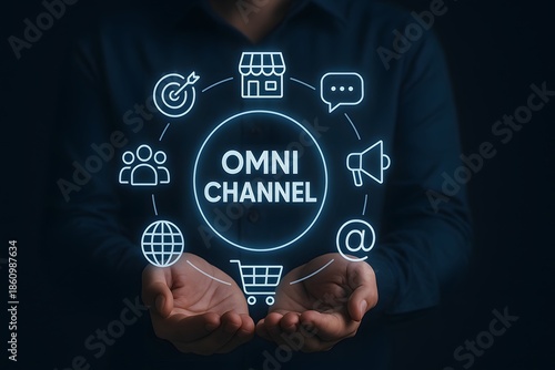 Business person holding omnichannel customer experience network for modern retail brands