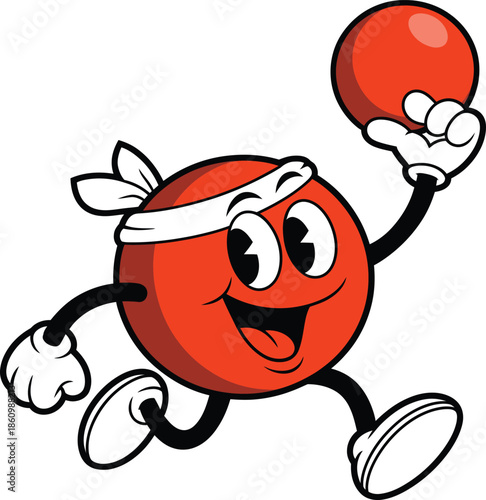 Happy cartoon tomato character exercising with ball