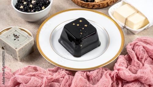 Gourmet food arrangement with jellied dessert, butter, and pink cloth