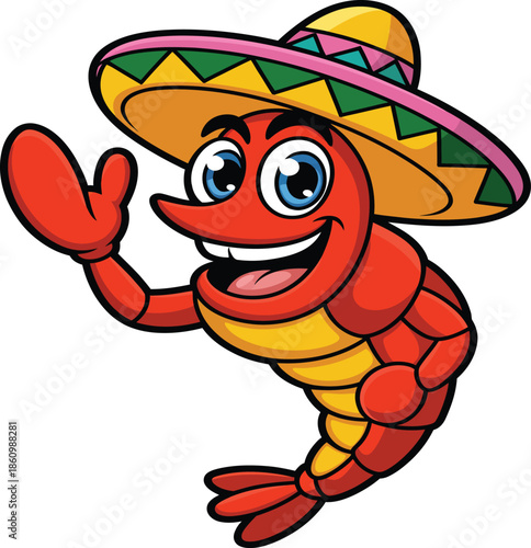 Smiling cartoon shrimp in colorful sombrero waving