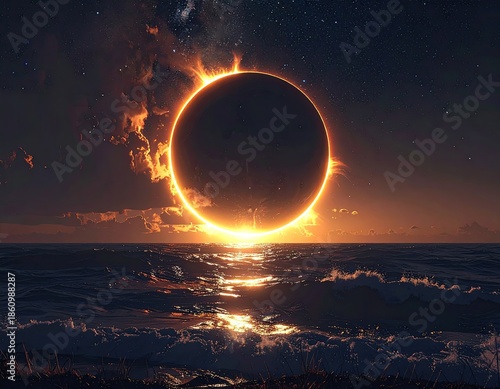 Celestial eclipse glows over ocean waters at dusk with starry sky
