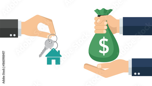 Real Estate Investment and House Sale Transaction with Hand Exchanging Keys for Bag of Money