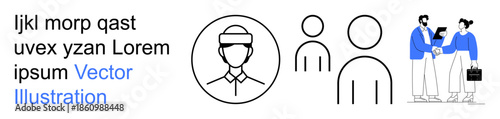 Business teamwork, professional collaboration, recruitment, communication, organizational management, networking. Minimal icon of people and discussion, and handshake interaction. Business teamwork
