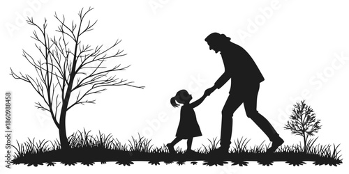 mother walking with children in park silhouette