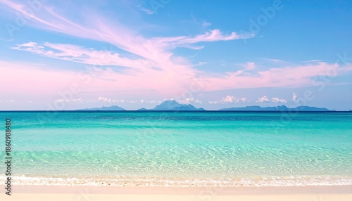 Serene beach scene featuring turquoise water, white sand, and a blue sky