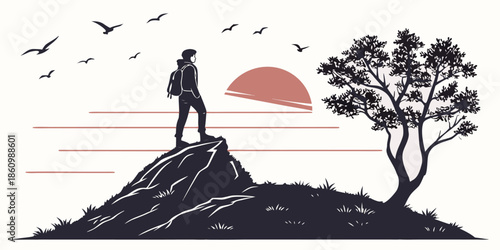 silhouette of man and couple on mountain hill