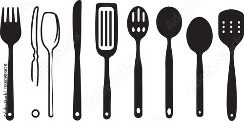 A set of metal silverware including a fork, spoon, and knife isolated on a white background for restaurant kitchen cutlery or dining table utensil icons