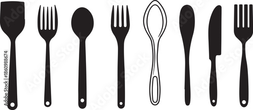 A shiny silver cutlery set featuring a metal fork, spoon, and knife isolated on a white background for restaurant dining and kitchen tableware