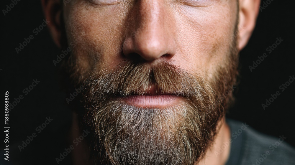 Obraz premium Close-up of a man's face with a full, well-groomed beard against a dark background.