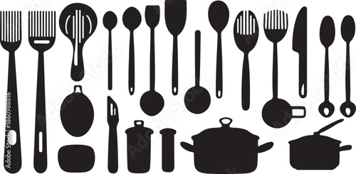 Vector illustration of a professional set of kitchen utensils and silver cutlery including a fork, spoon, knife, and spatula for restaurant cooking and dinner tableware