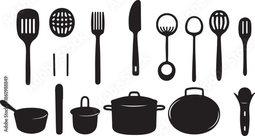 Vector illustration of a set of kitchen utensils including a fork spoon and knife silverware icons for a restaurant menu or cooking symbol