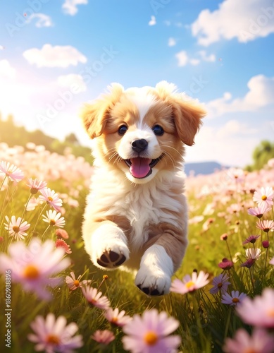 A fluffy, happy puppy bounds joyfully through a field of pink flowers on a sunny day, with a clear blue sky
