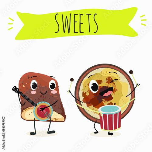Funny Characters Turkish kazandibi,  syutlach, milk rice pudding, dessert, Eastern sweets. Hand drawn vector illustration.