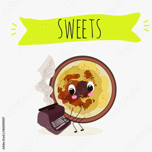 Funny Characters Turkish kazandibi,  syutlach, milk rice pudding, dessert, Eastern sweets. Hand drawn vector illustration.