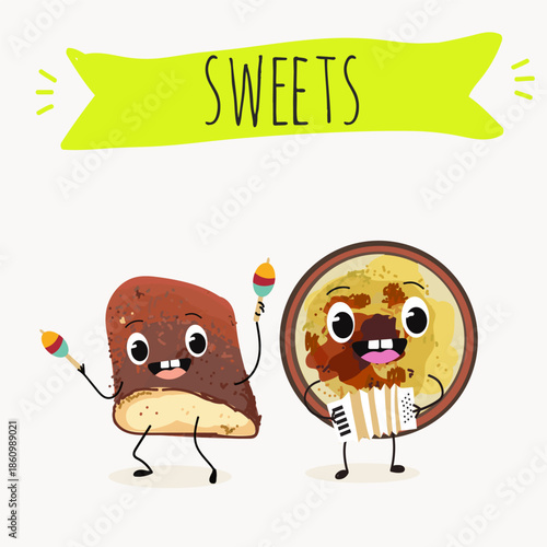 Funny Characters Turkish kazandibi,  syutlach, milk rice pudding, dessert, Eastern sweets. Hand drawn vector illustration.