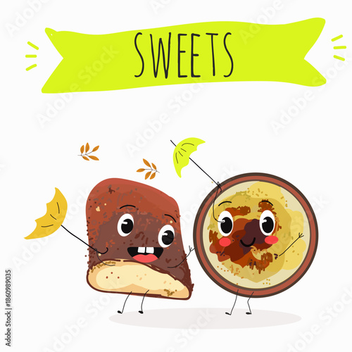 Funny Characters Turkish kazandibi,  syutlach, milk rice pudding, dessert, Eastern sweets. Hand drawn vector illustration.