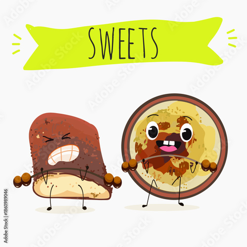 Funny Characters Turkish kazandibi,  syutlach, milk rice pudding, dessert, Eastern sweets. Hand drawn vector illustration.