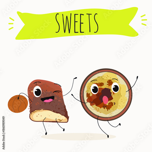 Funny Characters Turkish kazandibi,  syutlach, milk rice pudding, dessert, Eastern sweets. Hand drawn vector illustration.