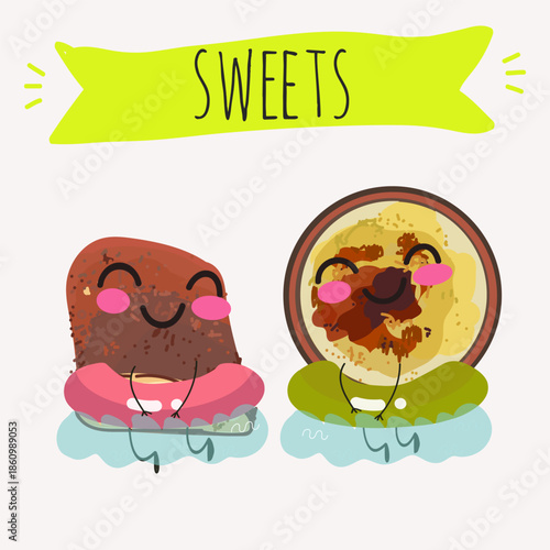 Funny Characters Turkish kazandibi,  syutlach, milk rice pudding, dessert, Eastern sweets. Hand drawn vector illustration.