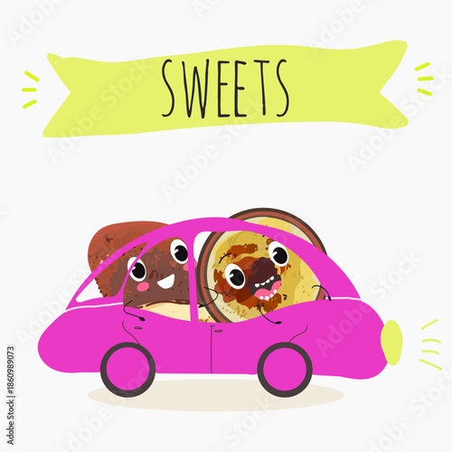 Funny Characters Turkish kazandibi,  syutlach, milk rice pudding, dessert, Eastern sweets. Hand drawn vector illustration.