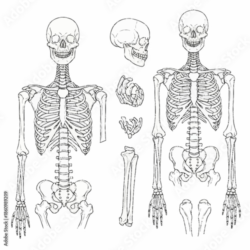 Human skeleton anatomy illustration with detailed bones and skull.
