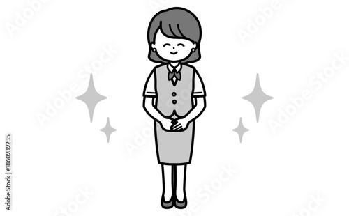 笑顔で丁寧に案内するシンプルな女性社員の全身イラスト 受付・接客・説明・資料用の白黒素材
