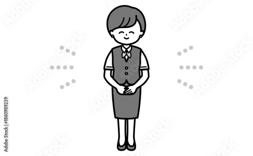 笑顔で案内するシンプルなショートヘアーの女性社員 全身イラスト 受付・接客・説明・資料用の白黒素材