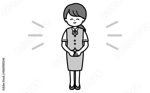 笑顔で丁寧に案内するシンプルな女性社員の全身イラスト 受付・接客・説明・資料用の白黒素材