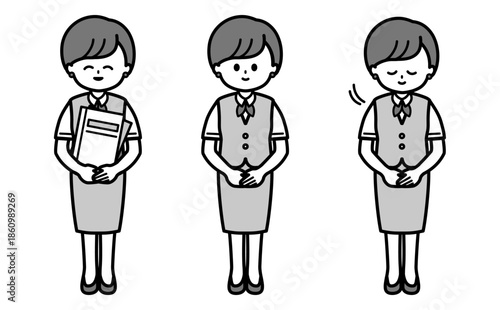 シンプルな事務の女性の白黒イラストセット 受付や事務の丁寧なお辞儀ポーズの挿絵