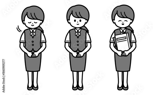 シンプルな女性スタッフの白黒イラストセット お辞儀と笑顔と書類を運ぶ