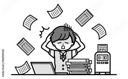 紙での勤怠管理の仕事が大変で忙しいショートヘアーの女性職員の白黒イラスト