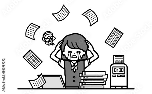 アナログな仕事が大変で忙しい事務の女性スタッフの白黒イラスト かわいいシンプルな挿絵