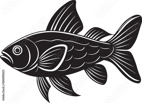 Black and white illustration of a goldfish with flowing fins Vector.
