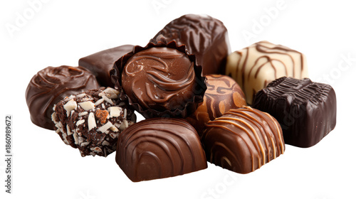Delicious variety of chocolate confectionery pralines assortment on background