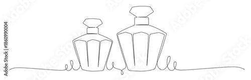 Continuous line art of a luxury perfume bottle with varying curved lines. This icon is for a perfume shop sticker or banner. Vector illustration.