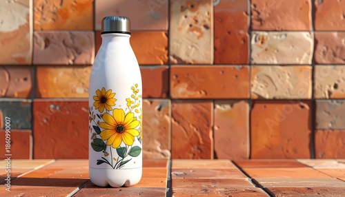 White floral water bottle with silver cap on a brick backdrop