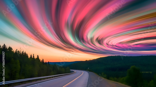 Spectacular rainbow tornado with vibrant cloud swirls over highway