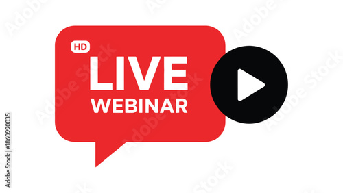 Live webinar button icon with red speech bubble and black play symbol for online training and digital marketing