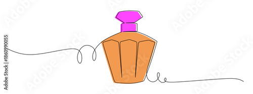 Continuous line art of a luxury perfume bottle with varying curved lines. This icon is for a perfume shop sticker or banner. Vector illustration with color.