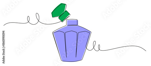 Continuous line art of a luxury perfume bottle with an open cap. This icon is for a perfume shop sticker or banner. Vector illustration with color.