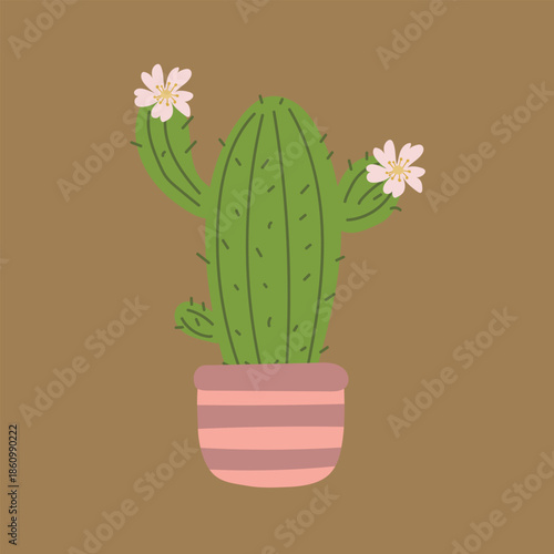 Hand Drawn Cactus Illustration with Pink Flowers in a Striped Pot on a Warm Brown Background