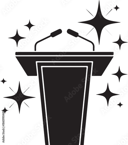 Black and white podium with microphones and stars