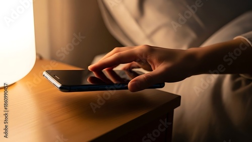Closeup of a hand reaching for a smartphone on a bedside table in a dimly lit room.