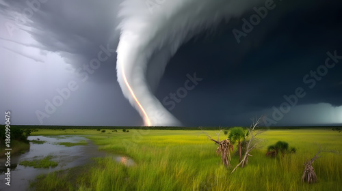 Spectacular tornado with rainbow colored bands and dramatic sky