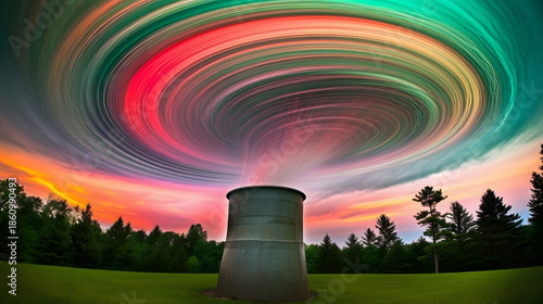 Tornado forms over a rainbow-colored horizon