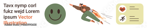 Personal growth, energy, health, positivity, futuristic innovation, lifestyle. Flying person with jetpack, smile icon health card symbols. Personal growth and energy visually