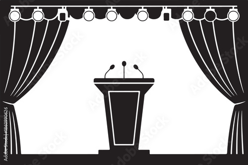 Black and white podium with microphones on stage with curtains